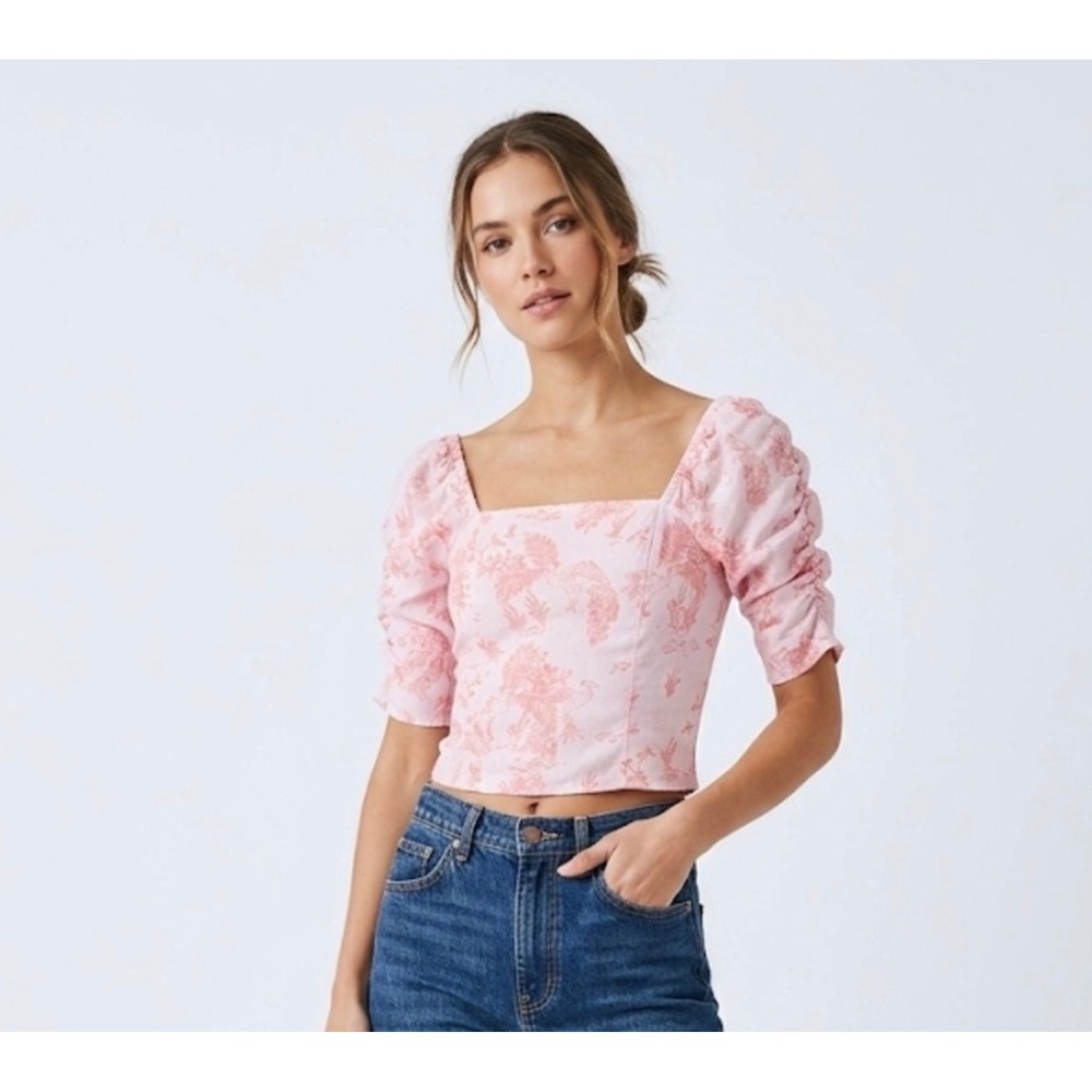 Cynthia Rowley Linen Puff Sleeve Cottagecore Romantic Toile Blouse S